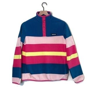 Lands’ End Pink Blue Yellow Heritage Fleece Striped Snap Beck Pullover Size XS